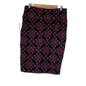 NWT Lularoe Women’s black pencil Skirt black red floral print short Size Large